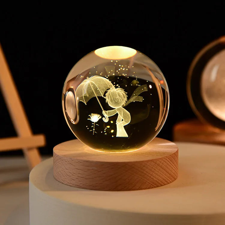Crystal Ball Night Light Laser Engraved Birthday Gift Glass Sphere Home Desktop Decoration with Wooden USB Base
