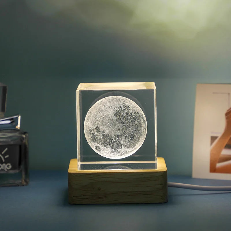 Crystal 3D Galaxy Starry Sky Cube 4/6 Cm Small Night Light Wooden Luminous Base