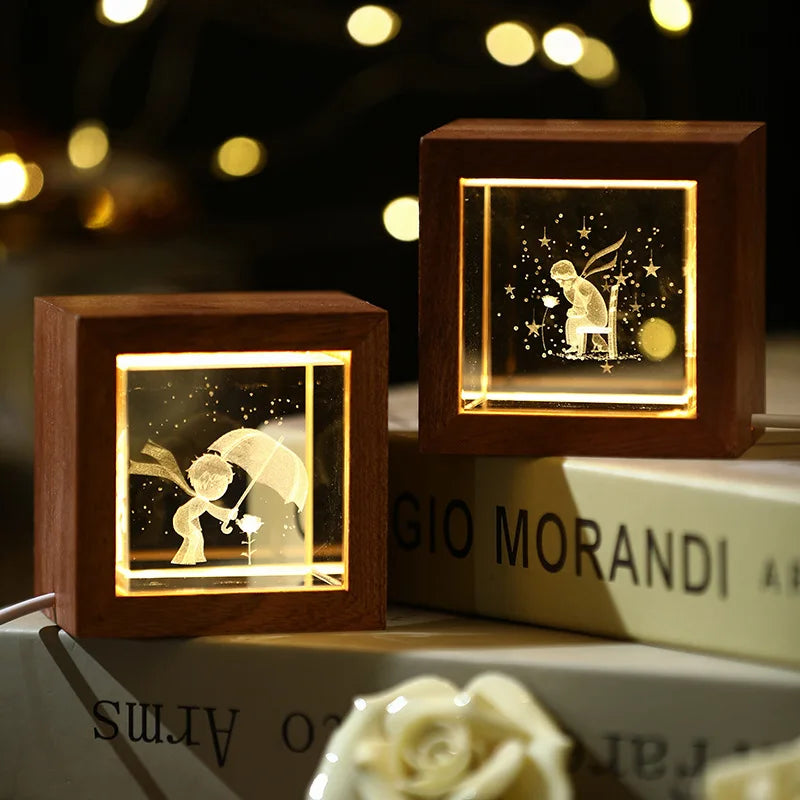 3D Creative Sculpture Cube Crystal Cube Wooden Frame Night Light