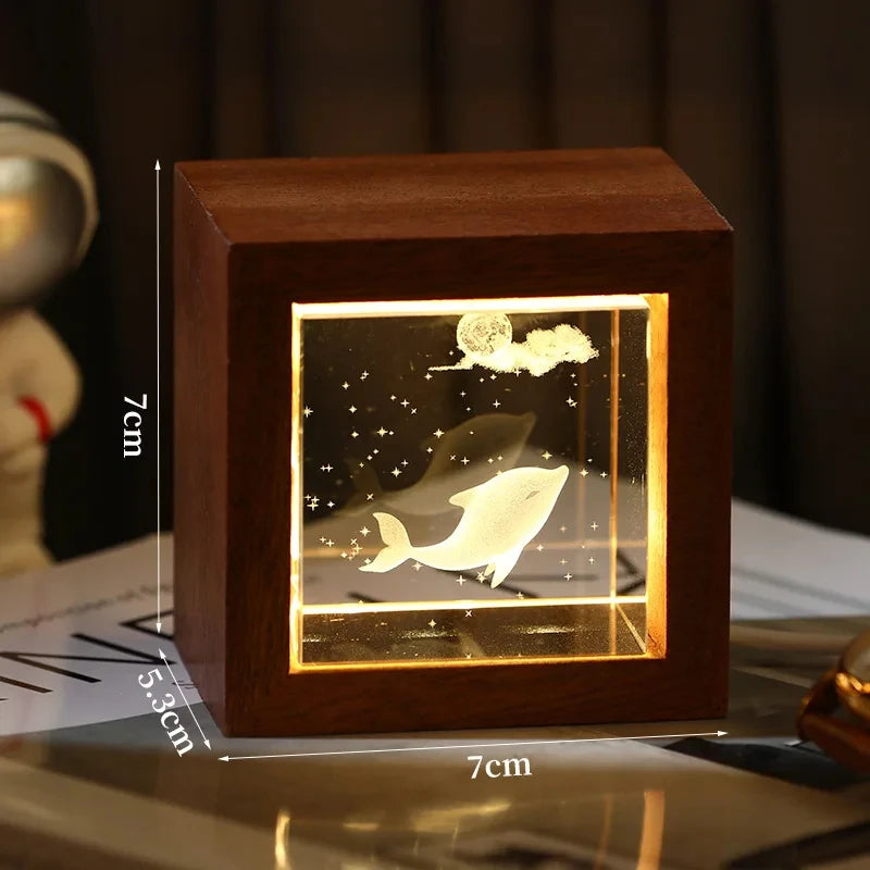 3D Creative Sculpture Cube Crystal Cube Wooden Frame Night Light