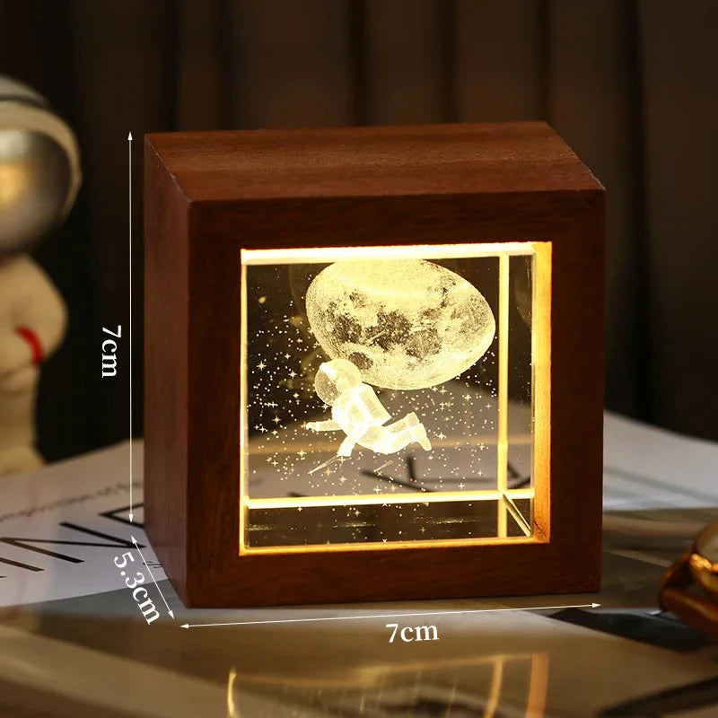 3D Creative Sculpture Cube Crystal Cube Wooden Frame Night Light