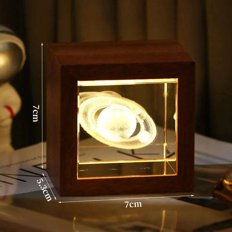 3D Creative Sculpture Cube Crystal Cube Wooden Frame Night Light