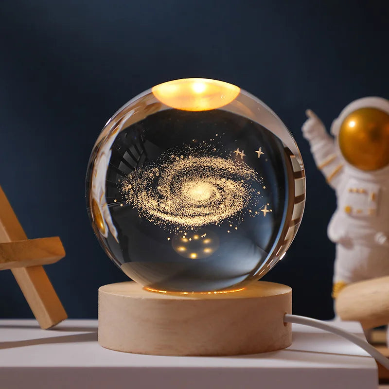 Crystal Ball Night Light Laser Engraved Birthday Gift Glass Sphere Home Desktop Decoration with Wooden USB Base