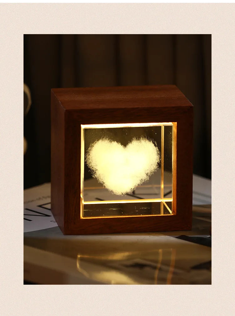 3D Creative Sculpture Cube Crystal Cube Wooden Frame Night Light