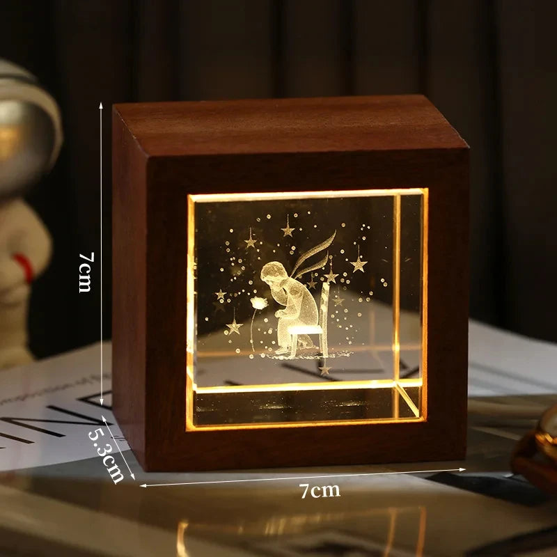 3D Creative Sculpture Cube Crystal Cube Wooden Frame Night Light