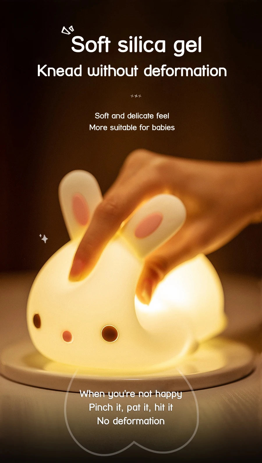 Touch Sensor RGB LED Rabbit Night Light 16 Colors USB Rechargeable Silicone Bunny Lamp