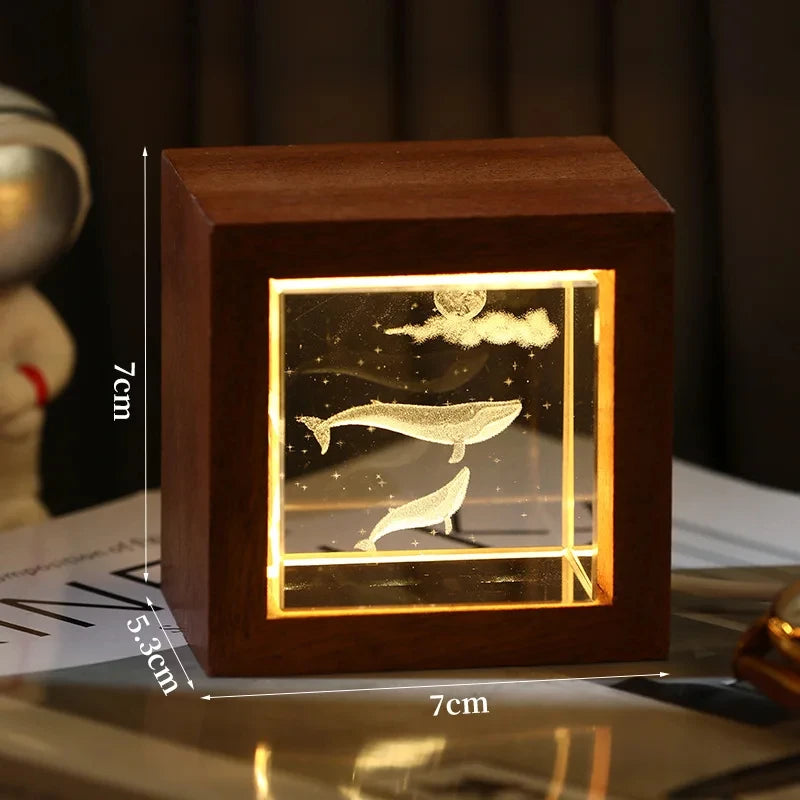 3D Creative Sculpture Cube Crystal Cube Wooden Frame Night Light
