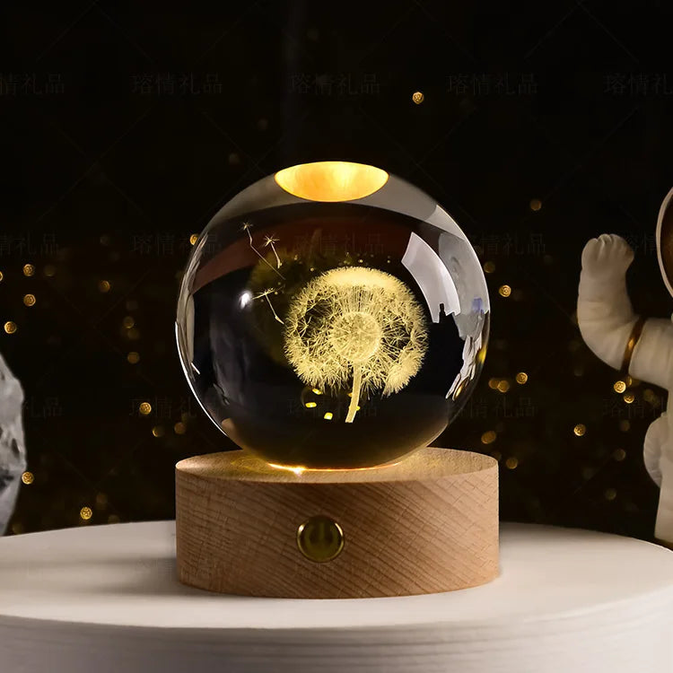 Crystal Ball Night Light Laser Engraved Birthday Gift Glass Sphere Home Desktop Decoration with Wooden USB Base