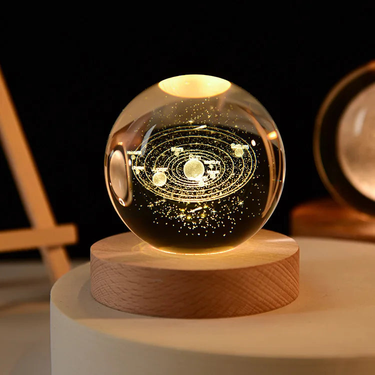 Crystal Ball Night Light Laser Engraved Birthday Gift Glass Sphere Home Desktop Decoration with Wooden USB Base