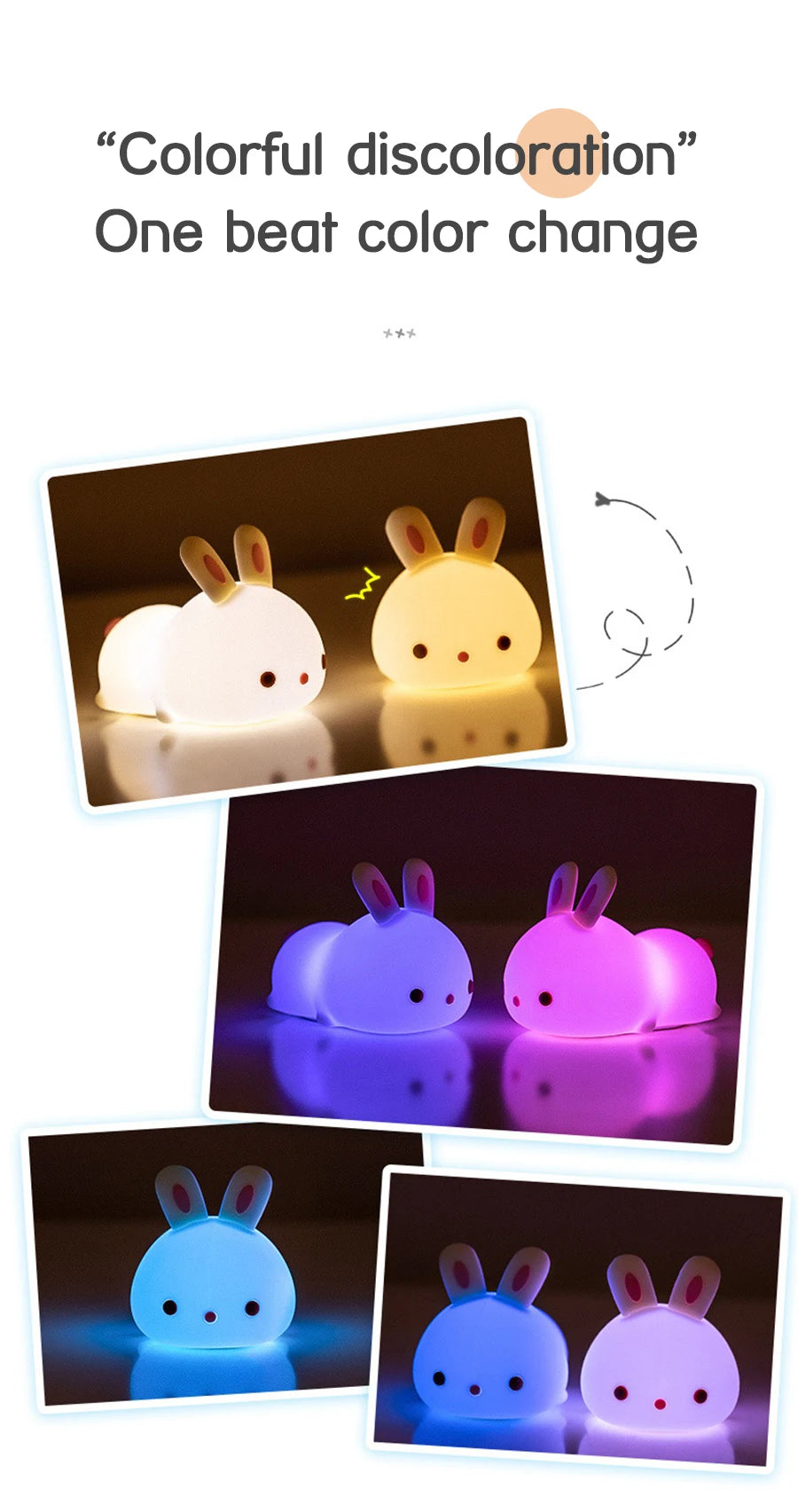 Touch Sensor RGB LED Rabbit Night Light 16 Colors USB Rechargeable Silicone Bunny Lamp