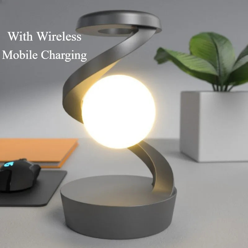 LED Moon Mood Light Suspended Rotating RGB Atmosphere Desk Lamp with Wireless Mobile Charging