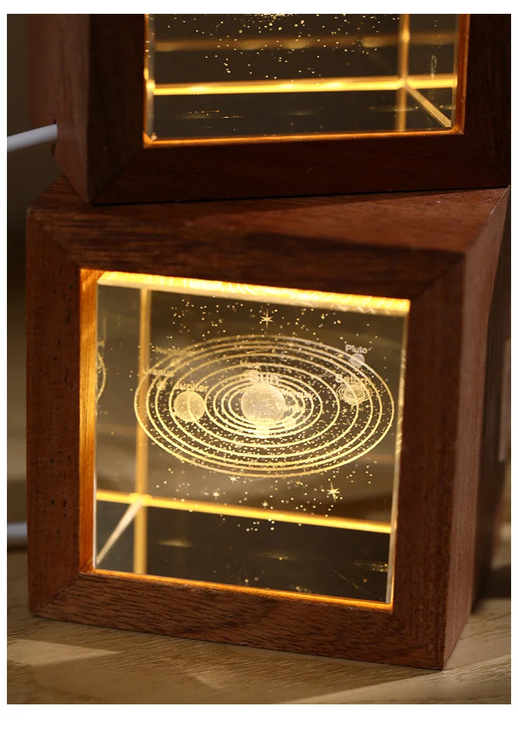 3D Creative Sculpture Cube Crystal Cube Wooden Frame Night Light