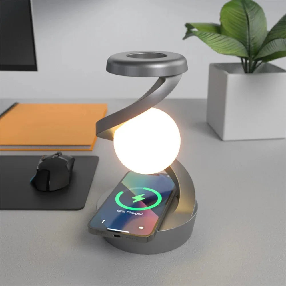 LED Moon Mood Light Suspended Rotating RGB Atmosphere Desk Lamp with Wireless Mobile Charging