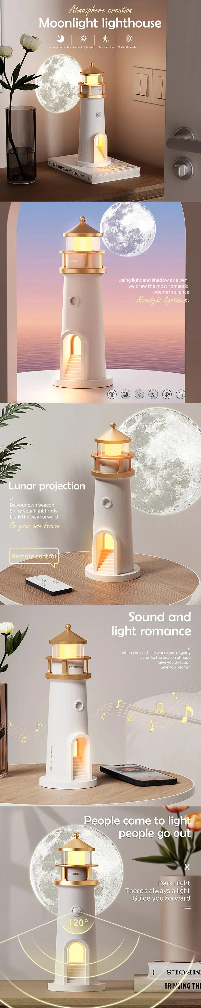 Lighthouse Ambient Light Moon Projection Night Lights Remote Control Bluetooth Music