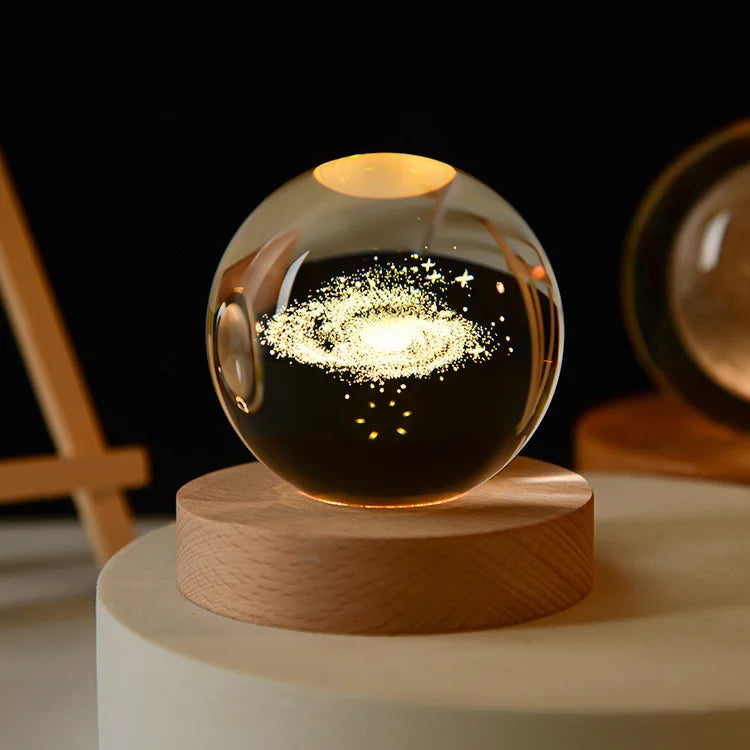 Crystal Ball Night Light Laser Engraved Birthday Gift Glass Sphere Home Desktop Decoration with Wooden USB Base
