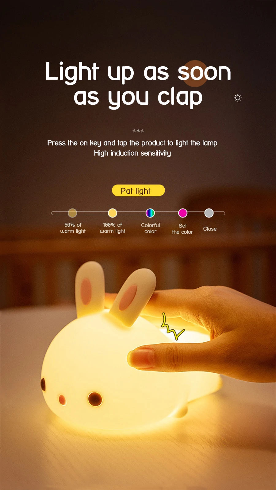 Touch Sensor RGB LED Rabbit Night Light 16 Colors USB Rechargeable Silicone Bunny Lamp