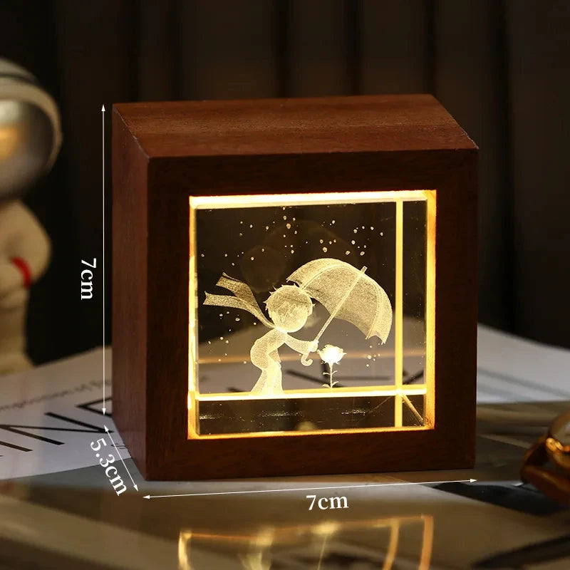 3D Creative Sculpture Cube Crystal Cube Wooden Frame Night Light