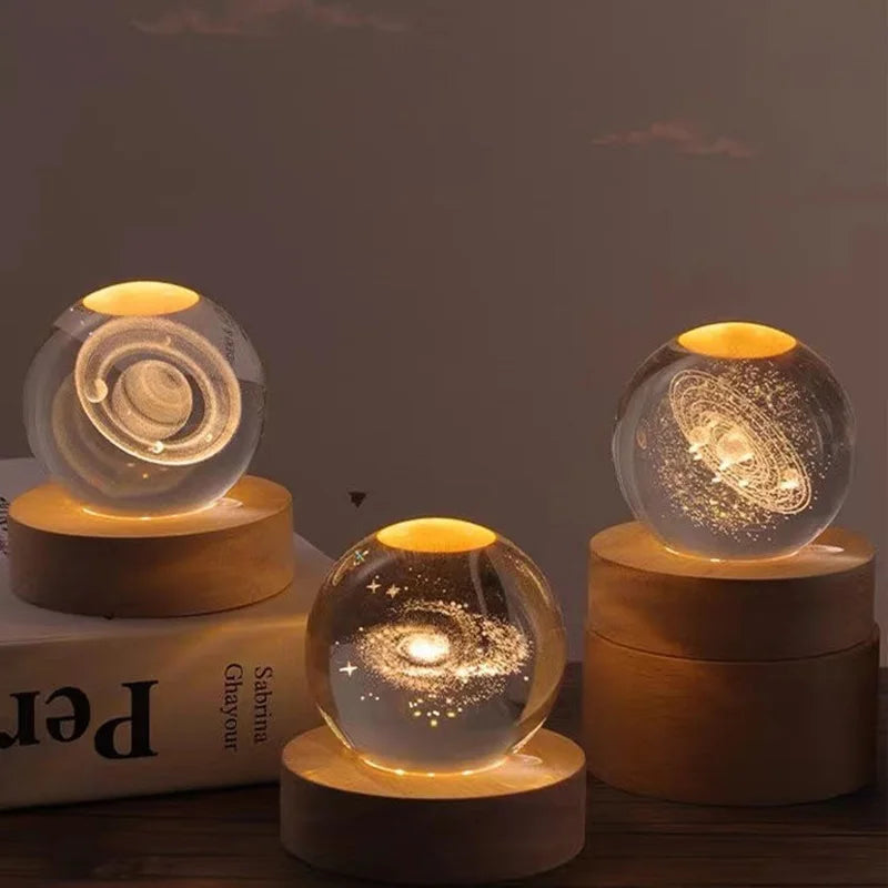 Crystal Ball Night Light Laser Engraved Birthday Gift Glass Sphere Home Desktop Decoration with Wooden USB Base