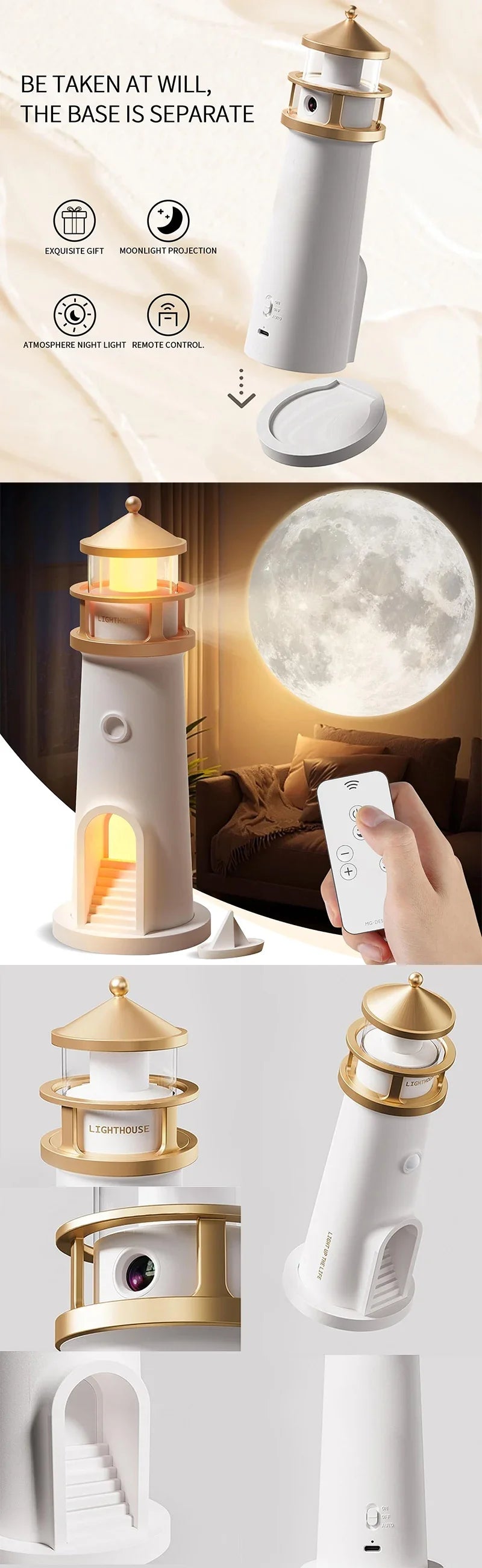 Lighthouse Ambient Light Moon Projection Night Lights Remote Control Bluetooth Music