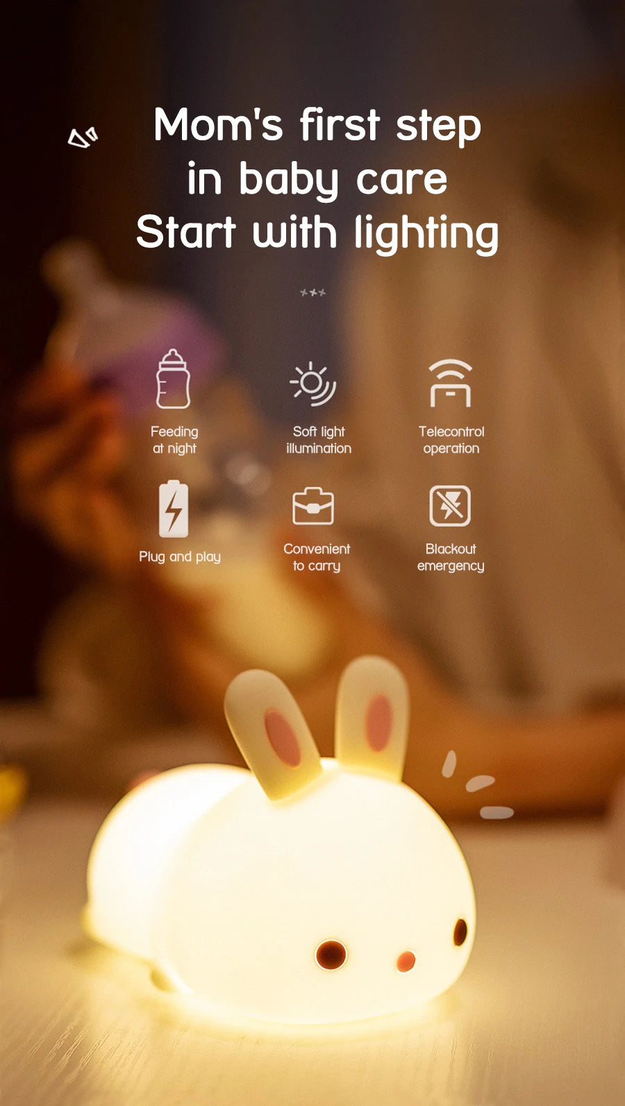Touch Sensor RGB LED Rabbit Night Light 16 Colors USB Rechargeable Silicone Bunny Lamp