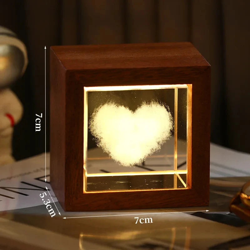 3D Creative Sculpture Cube Crystal Cube Wooden Frame Night Light