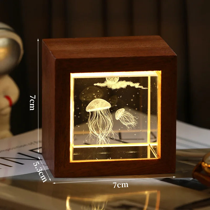 3D Creative Sculpture Cube Crystal Cube Wooden Frame Night Light