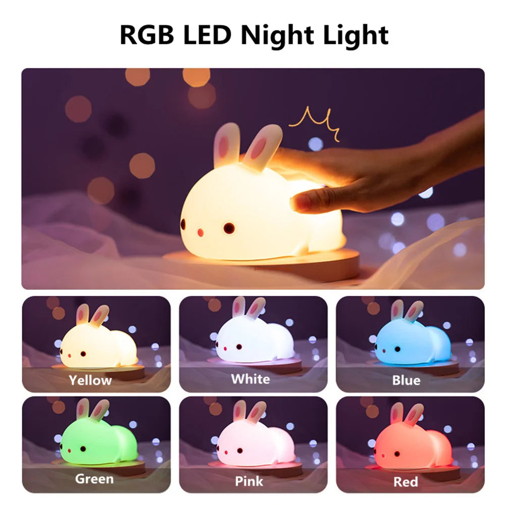 Touch Sensor RGB LED Rabbit Night Light 16 Colors USB Rechargeable Silicone Bunny Lamp