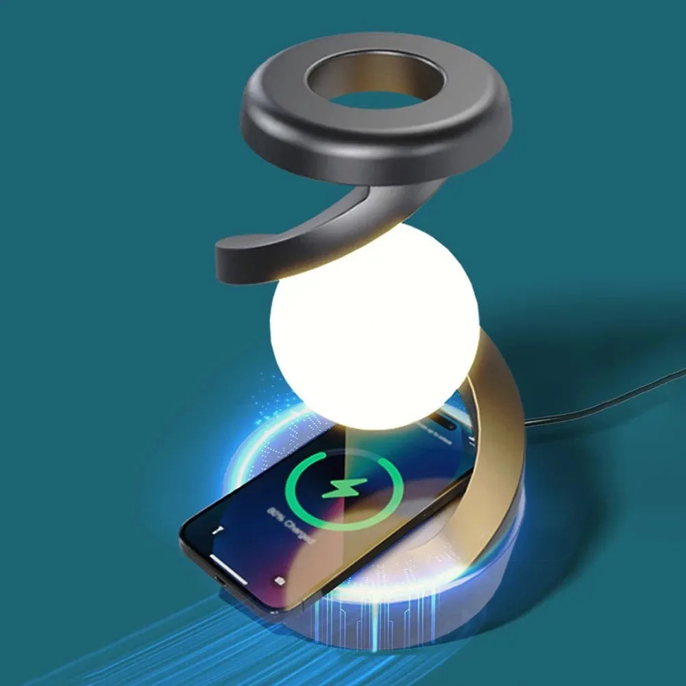 LED Moon Mood Light Suspended Rotating RGB Atmosphere Desk Lamp with Wireless Mobile Charging