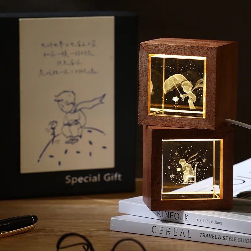 3D Creative Sculpture Cube Crystal Cube Wooden Frame Night Light