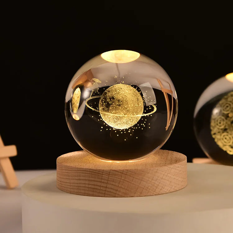 Crystal Ball Night Light Laser Engraved Birthday Gift Glass Sphere Home Desktop Decoration with Wooden USB Base