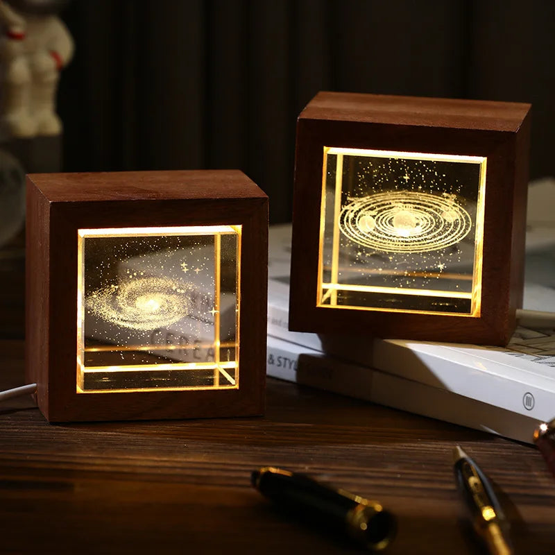 3D Creative Sculpture Cube Crystal Cube Wooden Frame Night Light