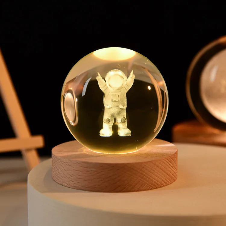 Crystal Ball Night Light Laser Engraved Birthday Gift Glass Sphere Home Desktop Decoration with Wooden USB Base