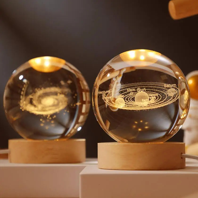 Crystal Ball Night Light Laser Engraved Birthday Gift Glass Sphere Home Desktop Decoration with Wooden USB Base