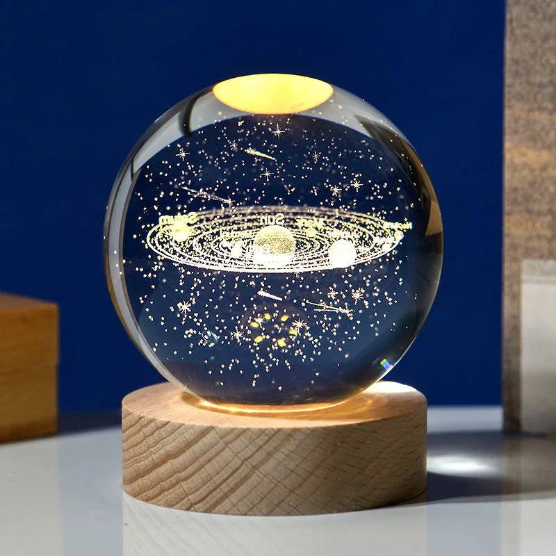 Crystal Ball Night Light Laser Engraved Birthday Gift Glass Sphere Home Desktop Decoration with Wooden USB Base