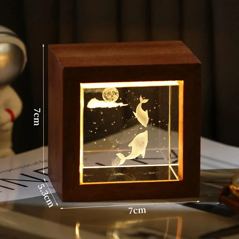3D Creative Sculpture Cube Crystal Cube Wooden Frame Night Light