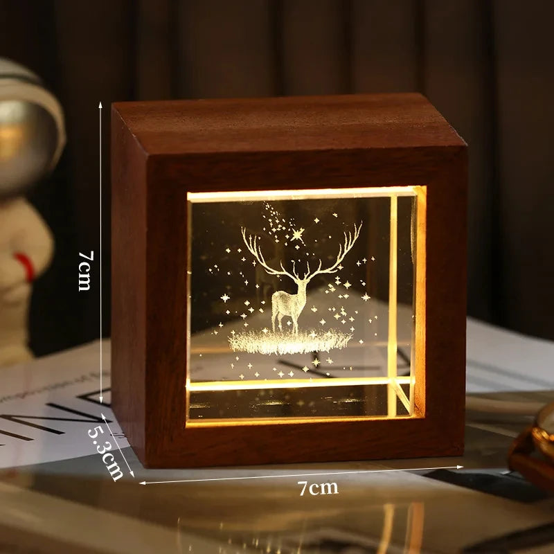 3D Creative Sculpture Cube Crystal Cube Wooden Frame Night Light