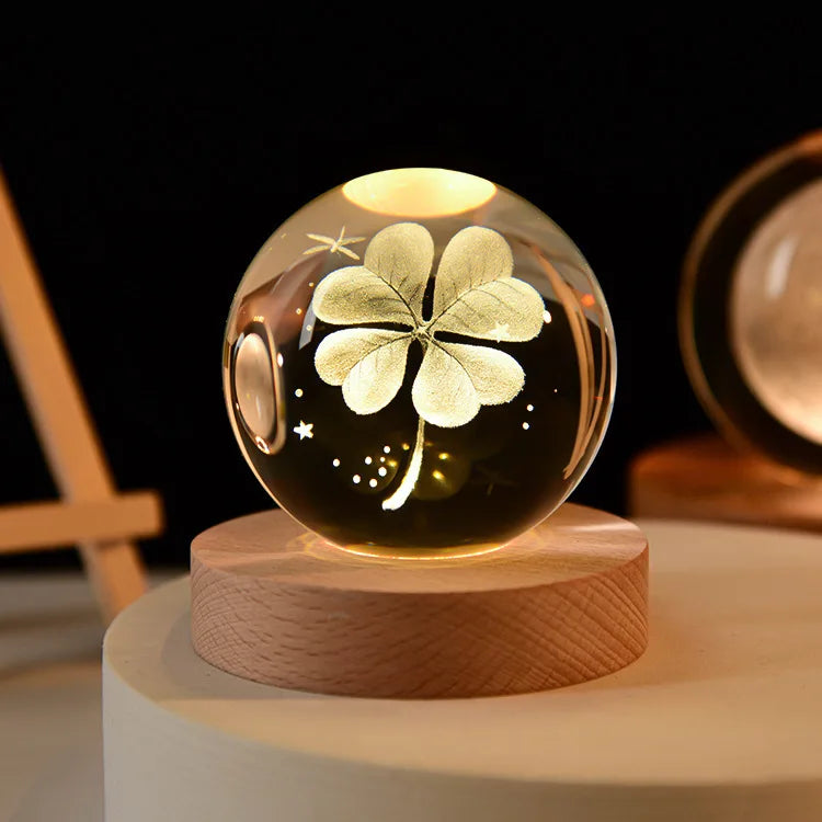 Crystal Ball Night Light Laser Engraved Birthday Gift Glass Sphere Home Desktop Decoration with Wooden USB Base