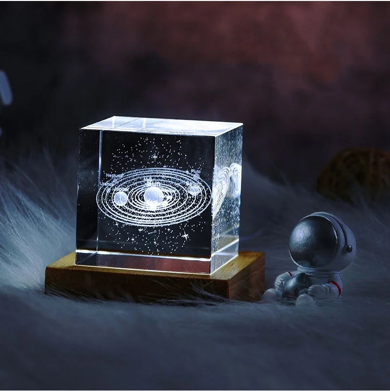 Crystal 3D Galaxy Starry Sky Cube 4/6 Cm Small Night Light Wooden Luminous Base