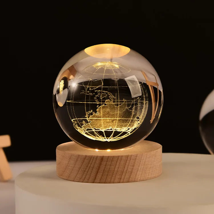 Crystal Ball Night Light Laser Engraved Birthday Gift Glass Sphere Home Desktop Decoration with Wooden USB Base