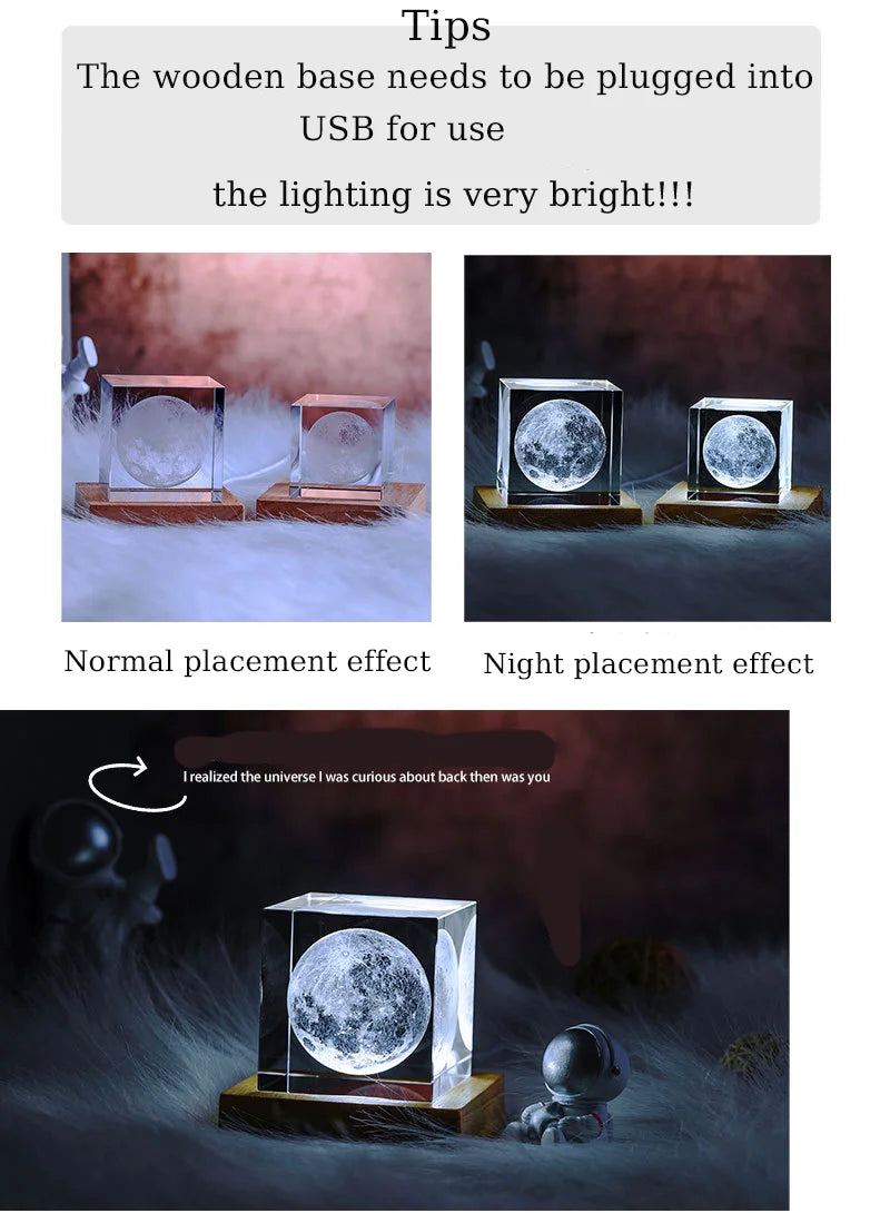 Crystal 3D Galaxy Starry Sky Cube 4/6 Cm Small Night Light Wooden Luminous Base