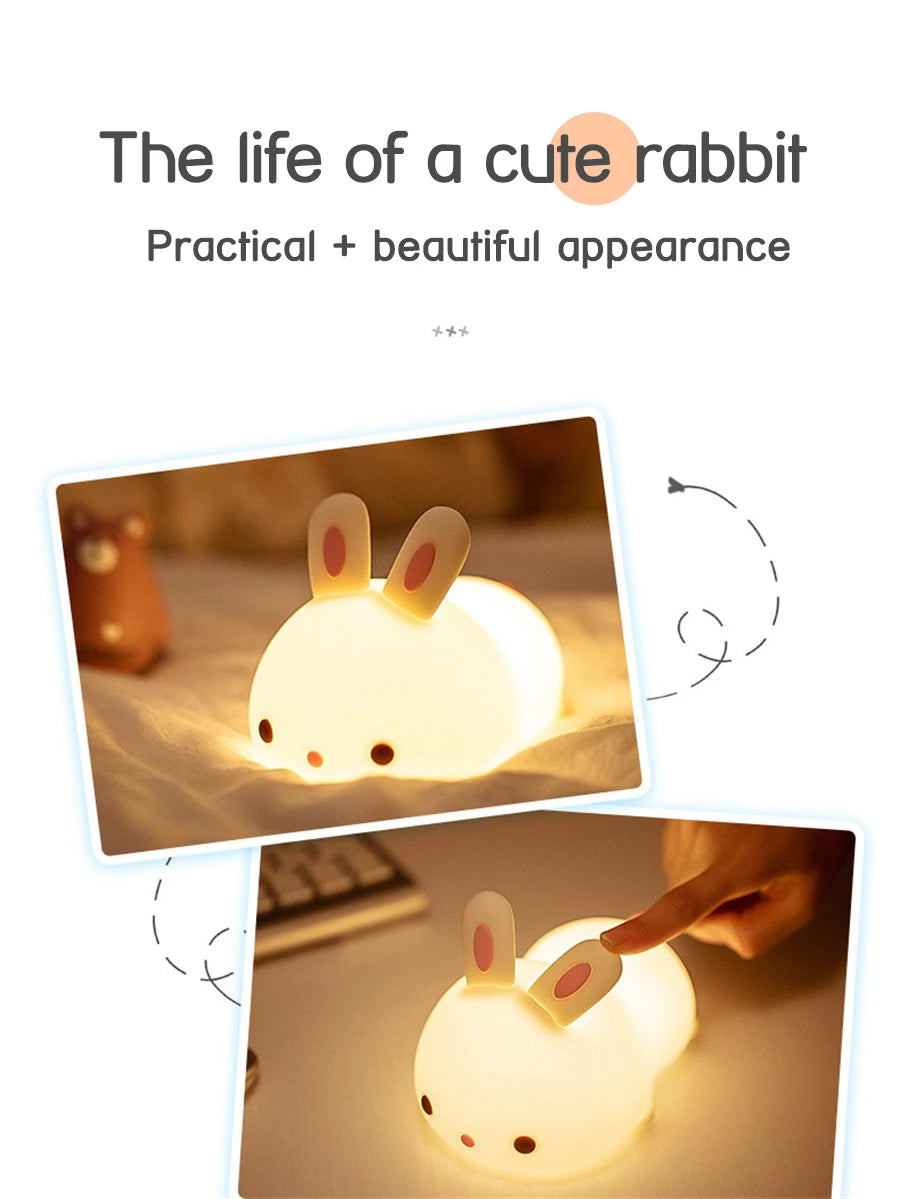 Touch Sensor RGB LED Rabbit Night Light 16 Colors USB Rechargeable Silicone Bunny Lamp