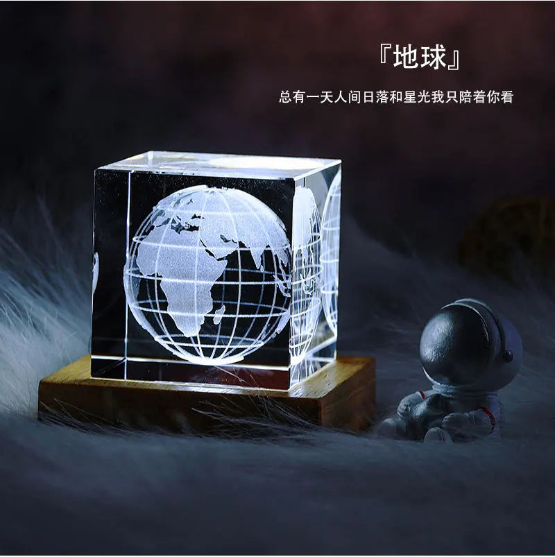 Crystal 3D Galaxy Starry Sky Cube 4/6 Cm Small Night Light Wooden Luminous Base