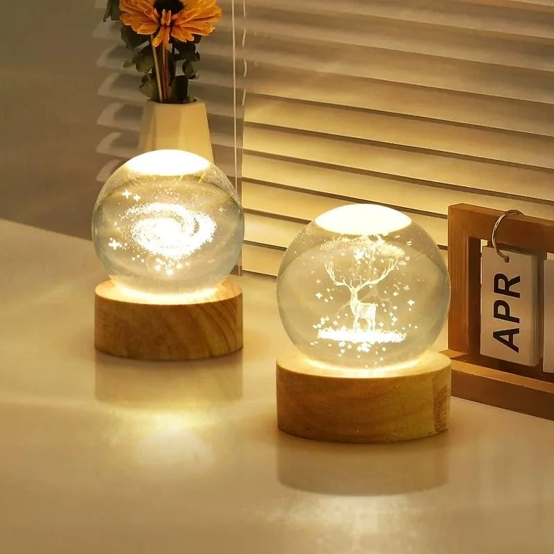 Crystal Ball Night Light Laser Engraved Birthday Gift Glass Sphere Home Desktop Decoration with Wooden USB Base
