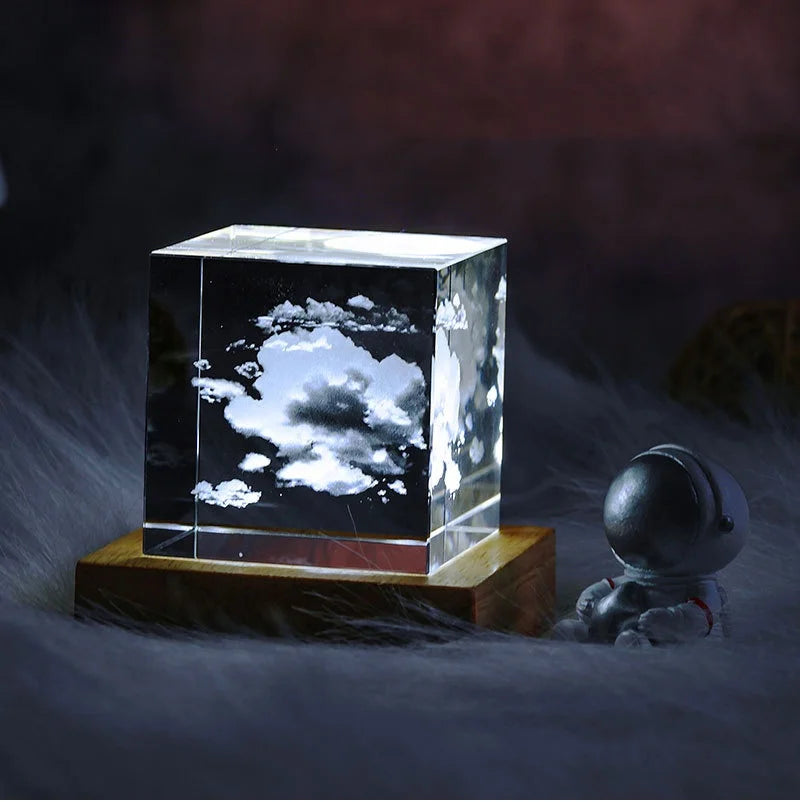 Crystal 3D Galaxy Starry Sky Cube 4/6 Cm Small Night Light Wooden Luminous Base