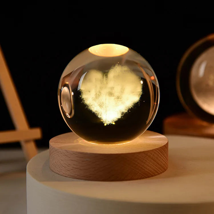 Crystal Ball Night Light Laser Engraved Birthday Gift Glass Sphere Home Desktop Decoration with Wooden USB Base