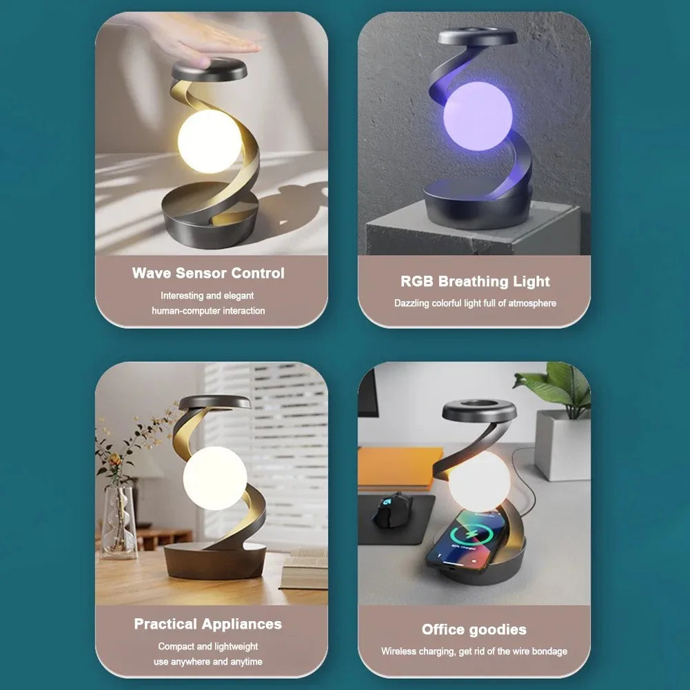 LED Moon Mood Light Suspended Rotating RGB Atmosphere Desk Lamp with Wireless Mobile Charging