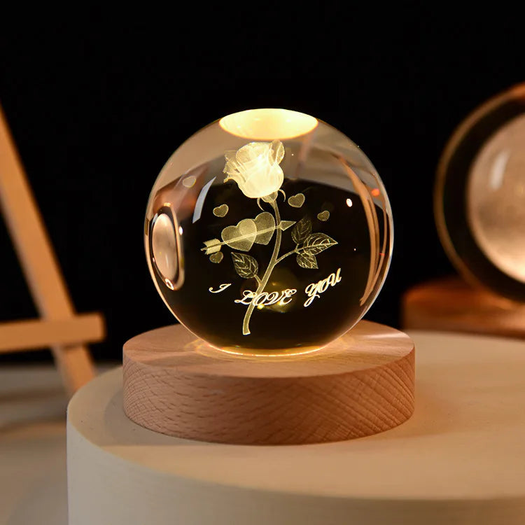 Crystal Ball Night Light Laser Engraved Birthday Gift Glass Sphere Home Desktop Decoration with Wooden USB Base