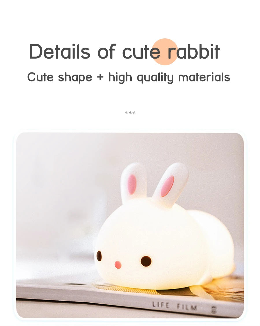 Touch Sensor RGB LED Rabbit Night Light 16 Colors USB Rechargeable Silicone Bunny Lamp