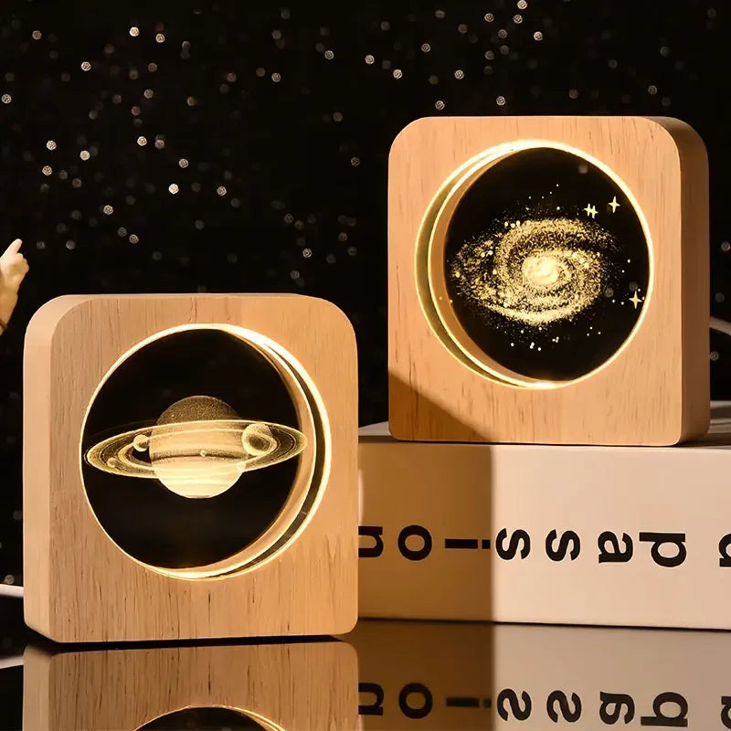 Creative 3D starry crystal Glass Craft Decoration Wooden Base Galaxy