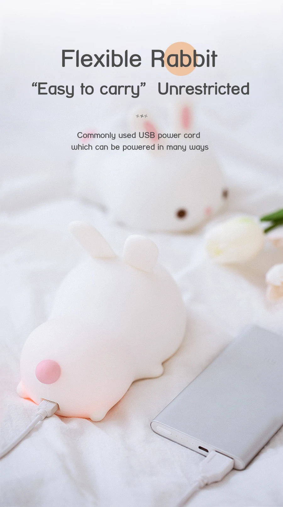 Touch Sensor RGB LED Rabbit Night Light 16 Colors USB Rechargeable Silicone Bunny Lamp